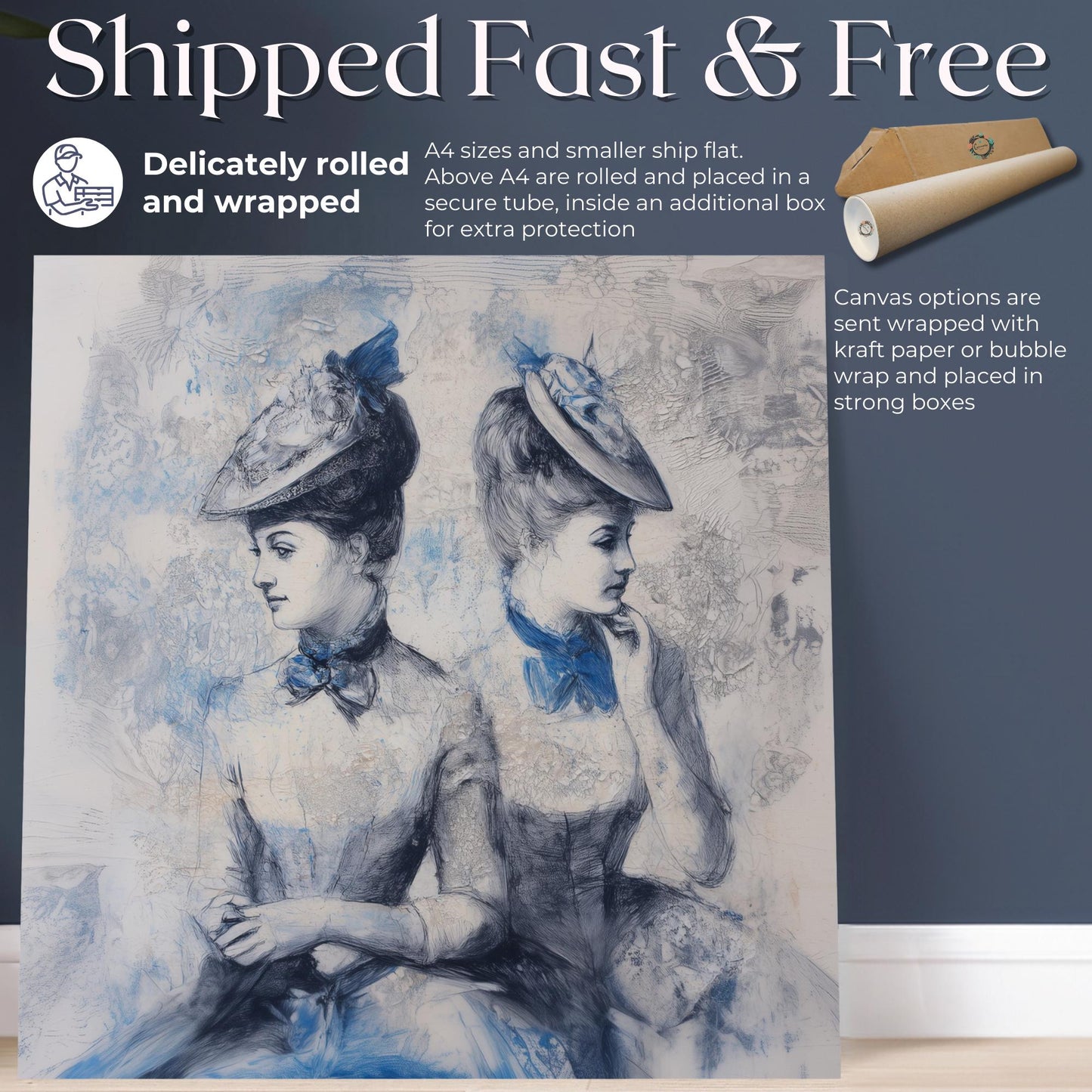 Blue Toile Art Prints Canvas / Unframed. Victorian Portrait, Vintage Blue French Country Picture, Victorian Women Wall Decor, Glamorous Art - CanvasityCrafts - Free Shipping