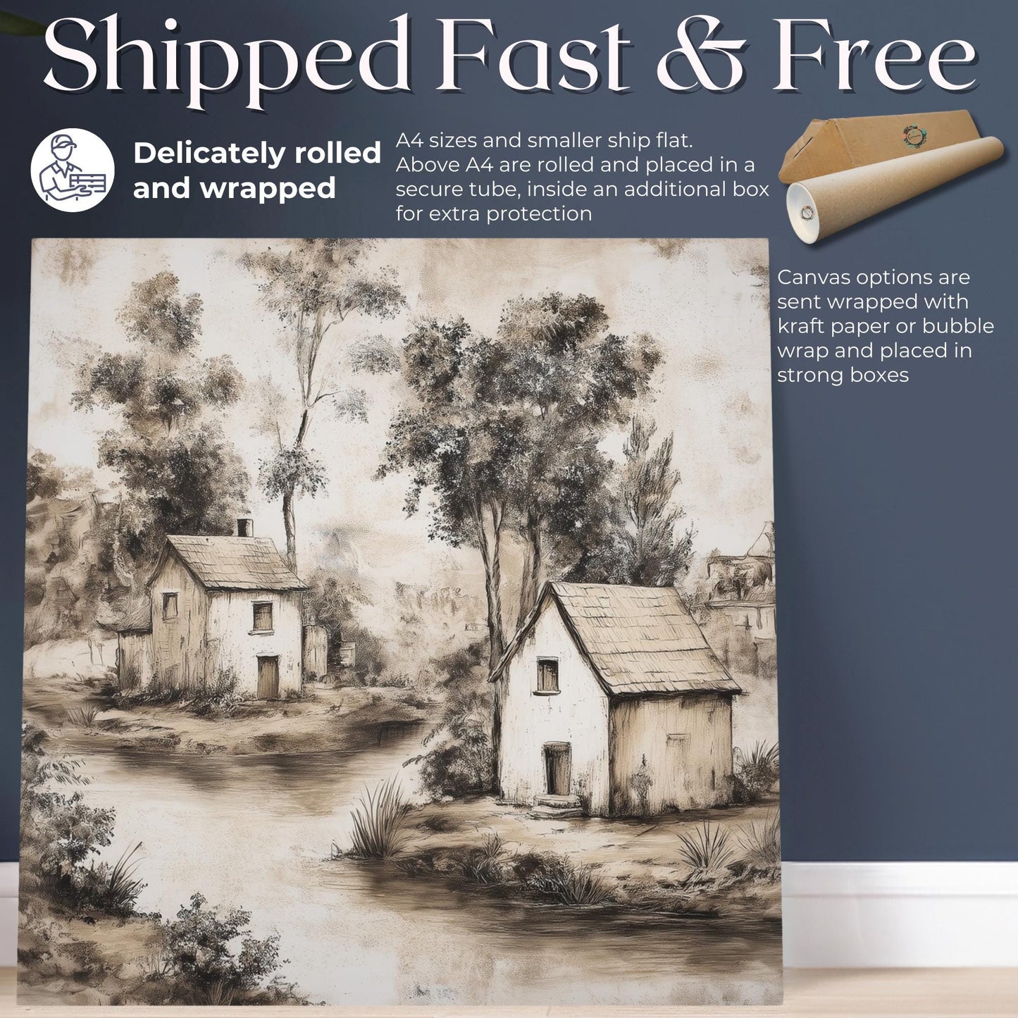 Rustic French Country Toile Art Print Canvas / Unframed. Cottage Landscape, Vintage Sepia Wall Art Picture, Farmhouse Decor, Traditional - CanvasityCrafts - Free Shipping