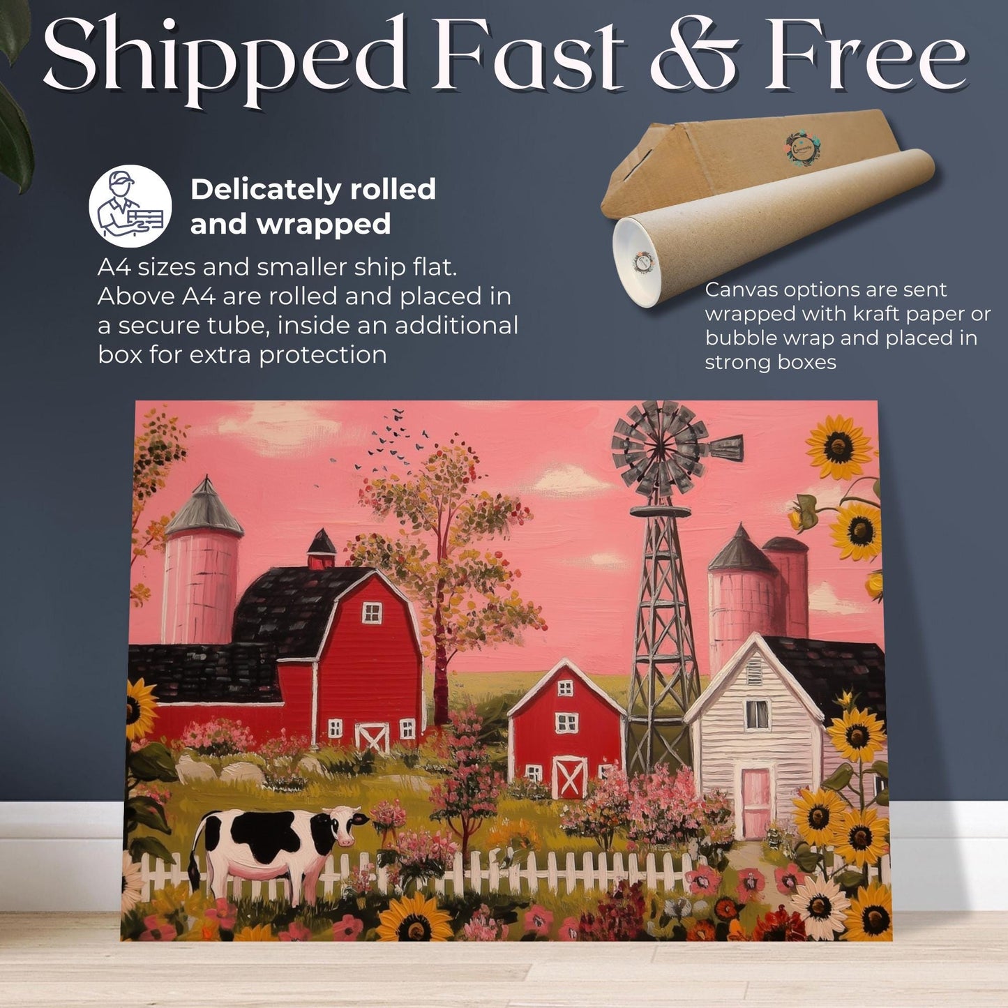 Rustic Farming Art Canvas / Unframed. Farm Landscape Art Farmyard Cow Farm Yard Print, Red Barn Farmhouse Decor Pink Sunset Countryside - CanvasityCrafts - Free Shipping