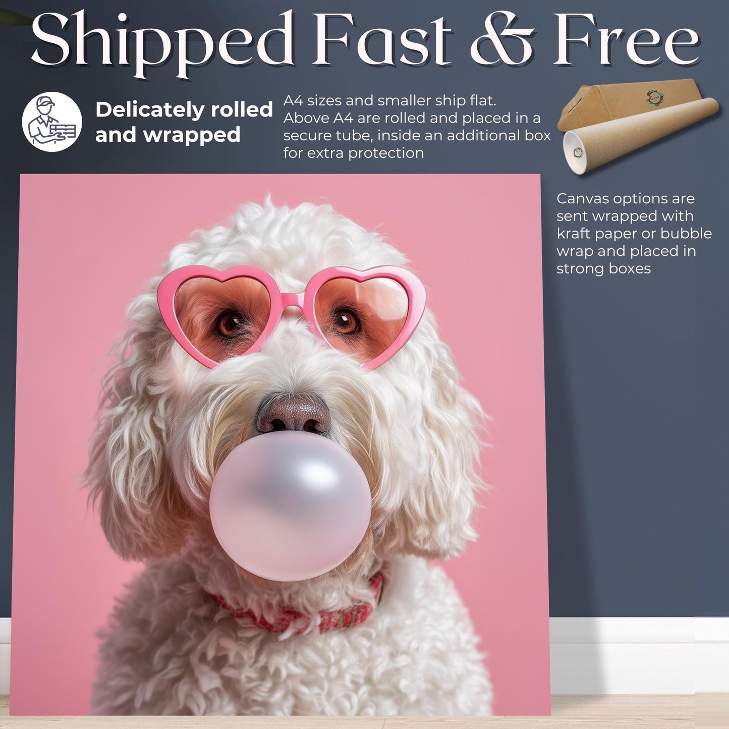 Funny Goldendoodle Print Bubble Gum Canvas / Unframed. White Dog Owner Gift, Golden Doodle Trendy Art, Labradoodle Picture, Pet Portrait - CanvasityCrafts - Free Shipping