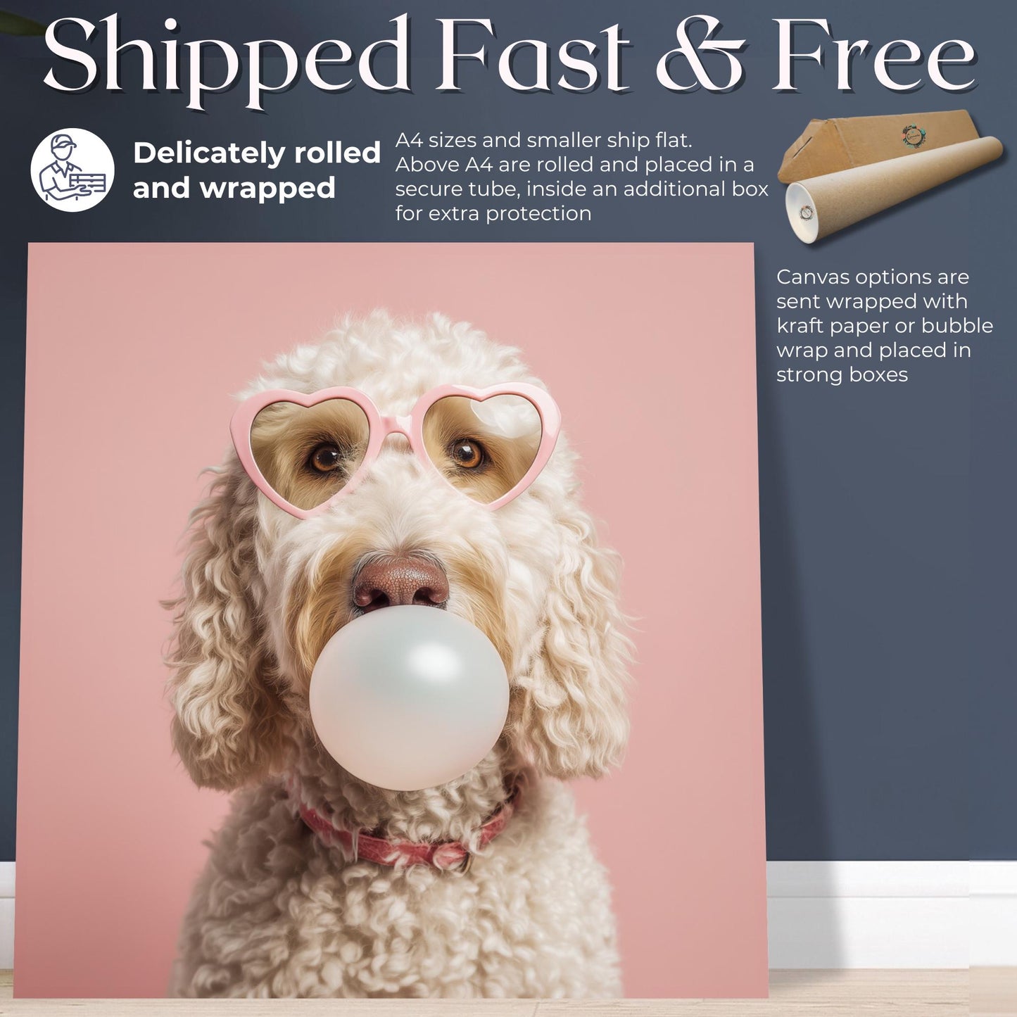 Funny Labradoodle Print Bubble Gum Canvas / Unframed. White Doodle Dog Owner Gift, Doodle Dog Trendy Art, Goldendoodle Picture, Pet Portrait - CanvasityCrafts - Free Shipping