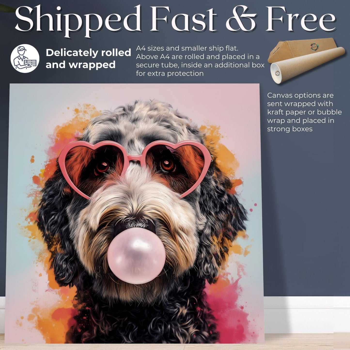 Funny Labradoodle Print Bubble Gum Canvas / Unframed. Dog Owner Gift, Golden Doodle Trendy, Labradoodle Picture, Paint Splash Pet Portrait - CanvasityCrafts - Free Shipping