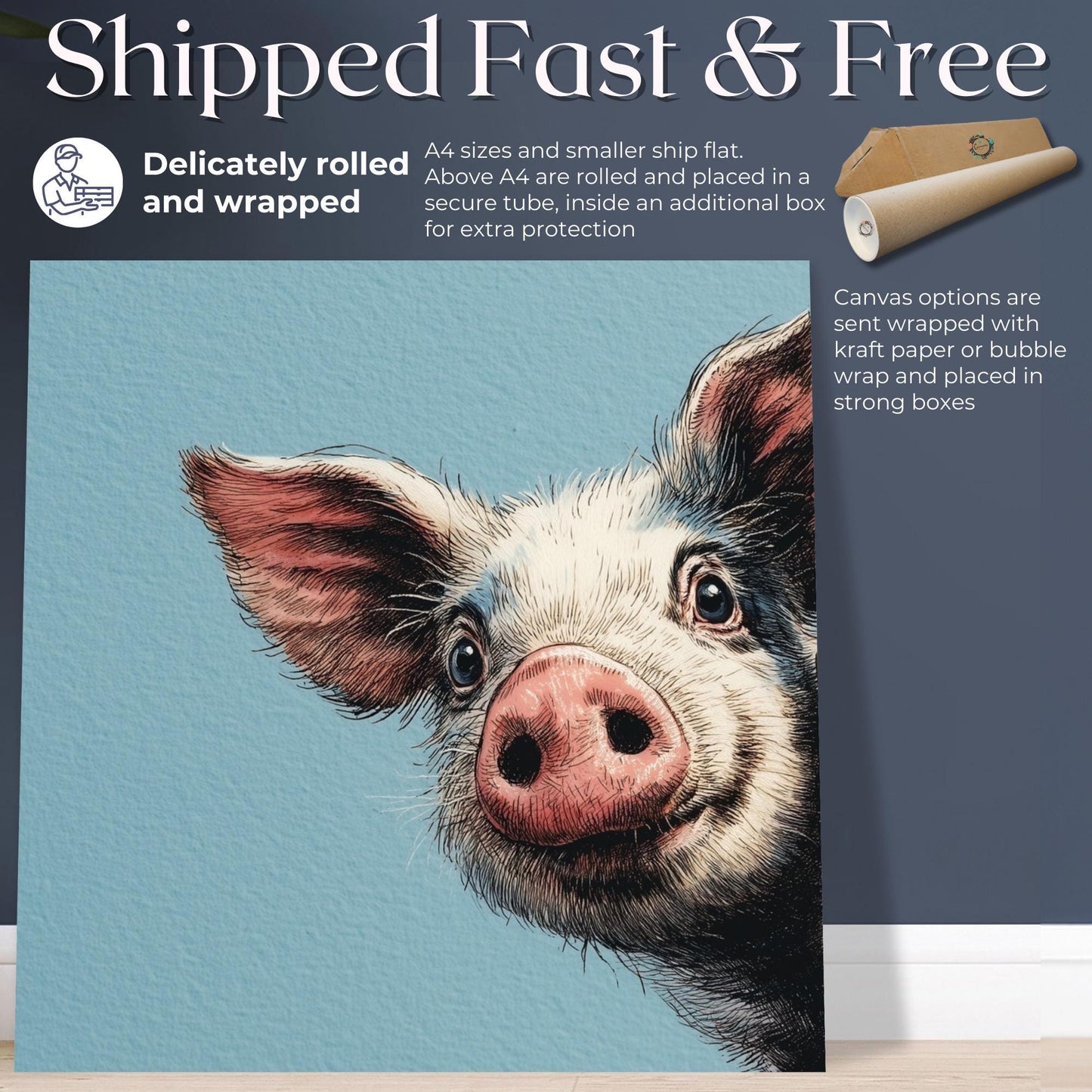 Cute Piglet Art Print Canvas / Unframed. Beautiful Blue Wall Decor, Colorful Farm Animal Wall Art Painting Farmer Gift Idea Nursery Picture - CanvasityCrafts - Free Shipping