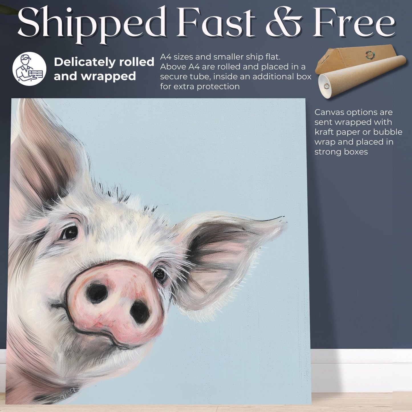 Cute Piglet Art Print Canvas / Unframed. Beautiful Blue Wall Decor, Colorful Farm Animal Pig Wall Art Painting Farmer Gift Nursery Picture - CanvasityCrafts - Free Shipping