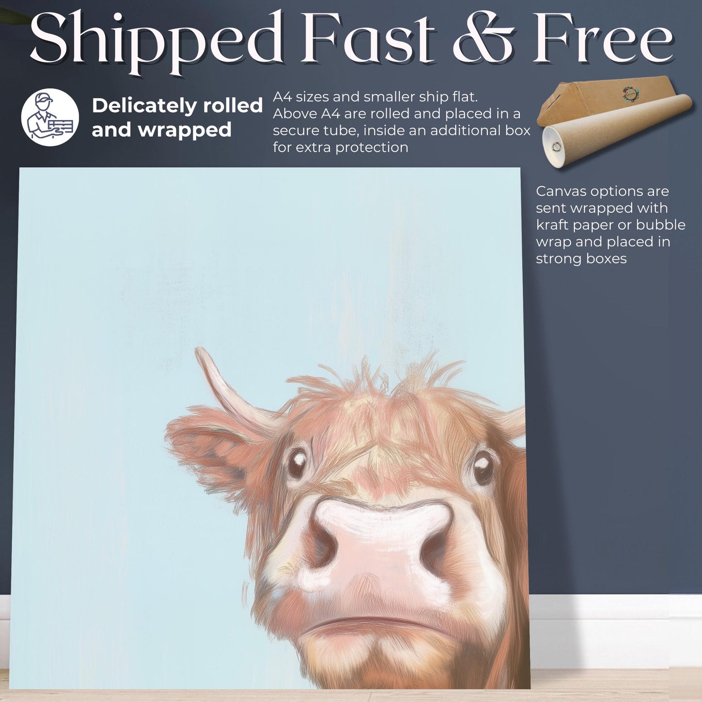 Cute Highland Cow Art Print Canvas / Unframed. Adorable Scottish Calf Wall Art, Funny Brown Farm Animal Painting Farmhouse Nursery Poster - CanvasityCrafts - Free Shipping