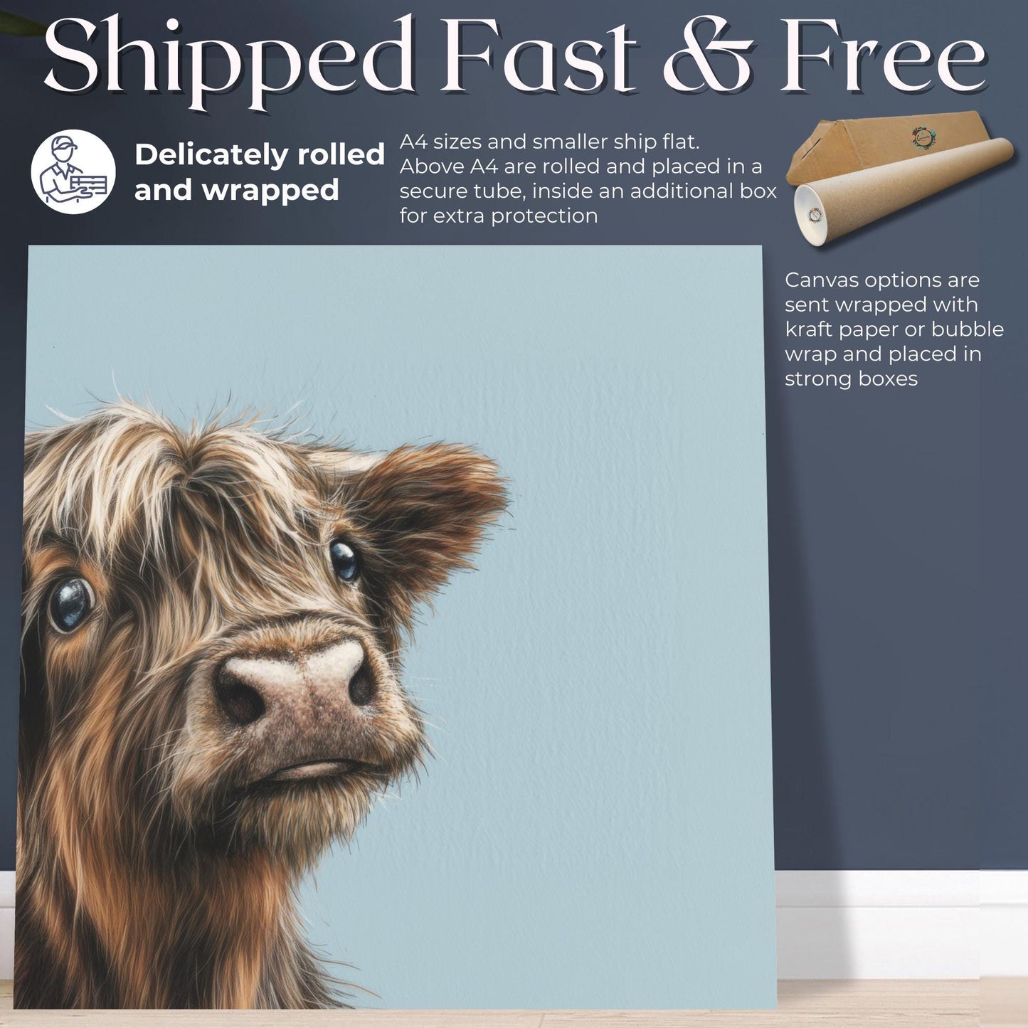 Cute Highland Cow Art Print Canvas / Unframed. Adorable Scottish Cattle Wall Art, Realistic Brown Coo Painting Farmhouse Rustic Decor - CanvasityCrafts - Free Shipping