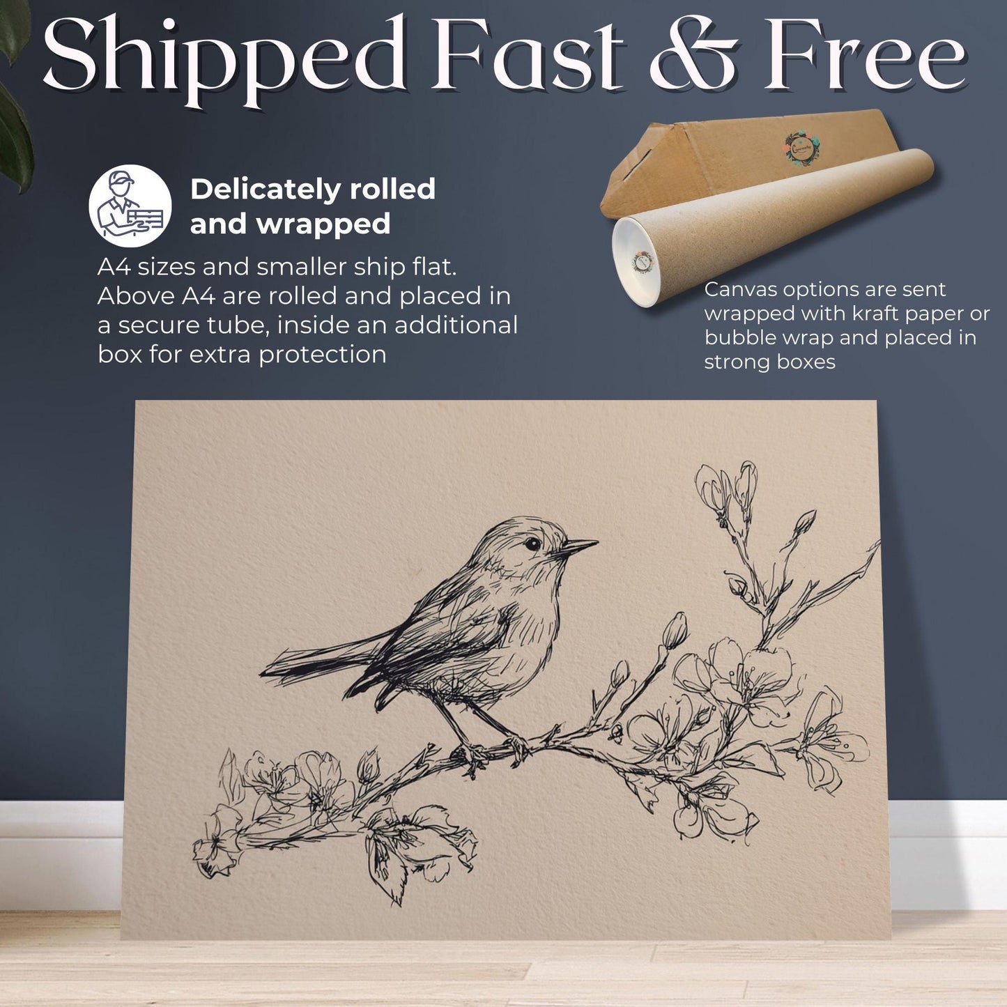 Cute Bird Sketch Print Canvas / Unframed. Vintage Line Drawing, Minimalist Nature Wall Decor, Elegant Home Gift, Cottage Painting - CanvasityCrafts - Free Shipping