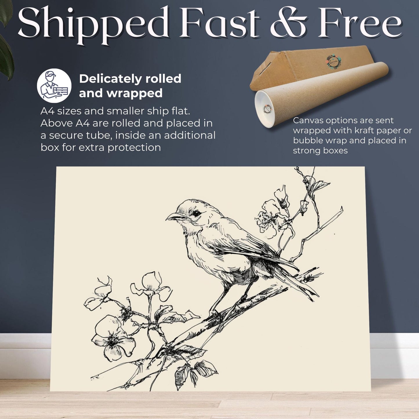 Botanical Bird Art Print Canvas / Unframed. Vintage Line Drawing, Minimalist Nature Wall Decor, Elegant Home Gift, Cottage Painting Picture - CanvasityCrafts - Free Shipping