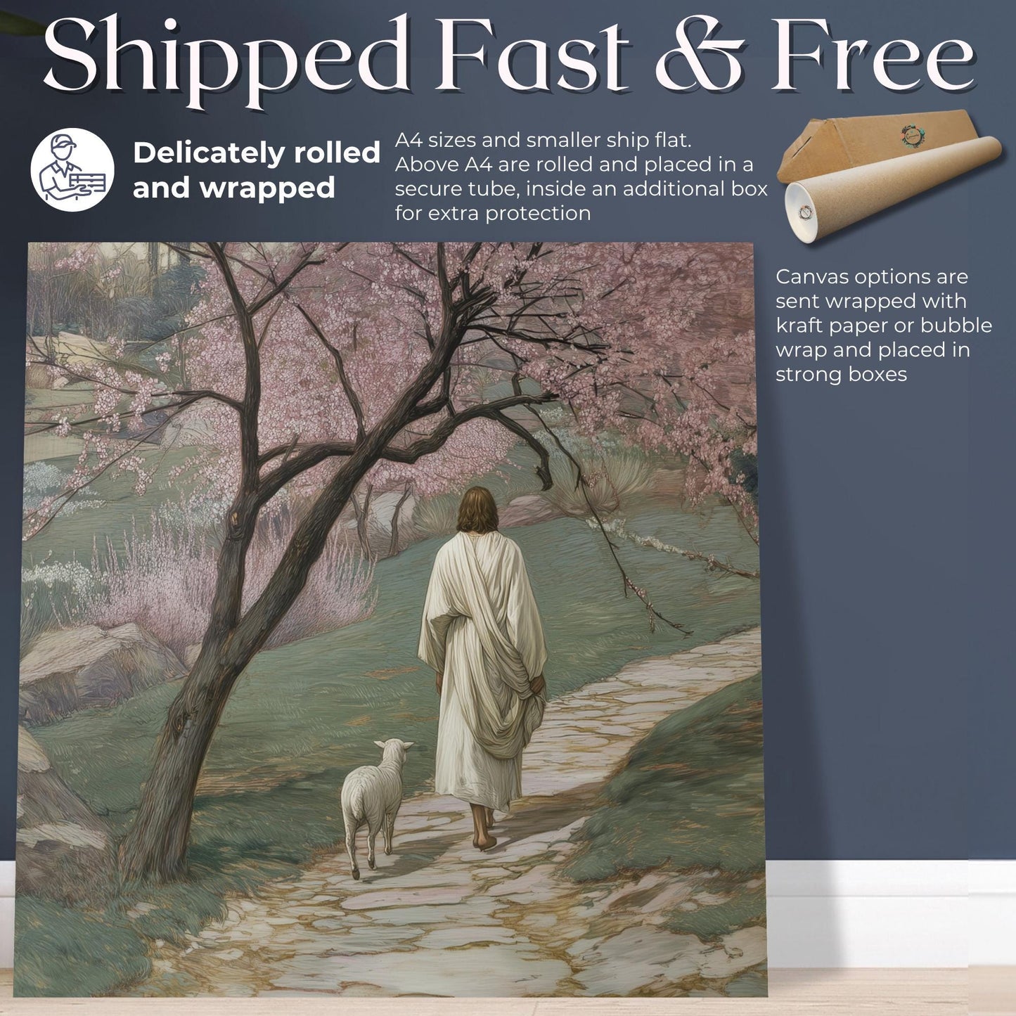 Jesus Leaving The 99 Canvas / Unframed. Artful Good Shepherd Print Cherry Blossom Path Christian Wall Art Lamb Painting Bible Verse Artwork - CanvasityCrafts - Free Shipping