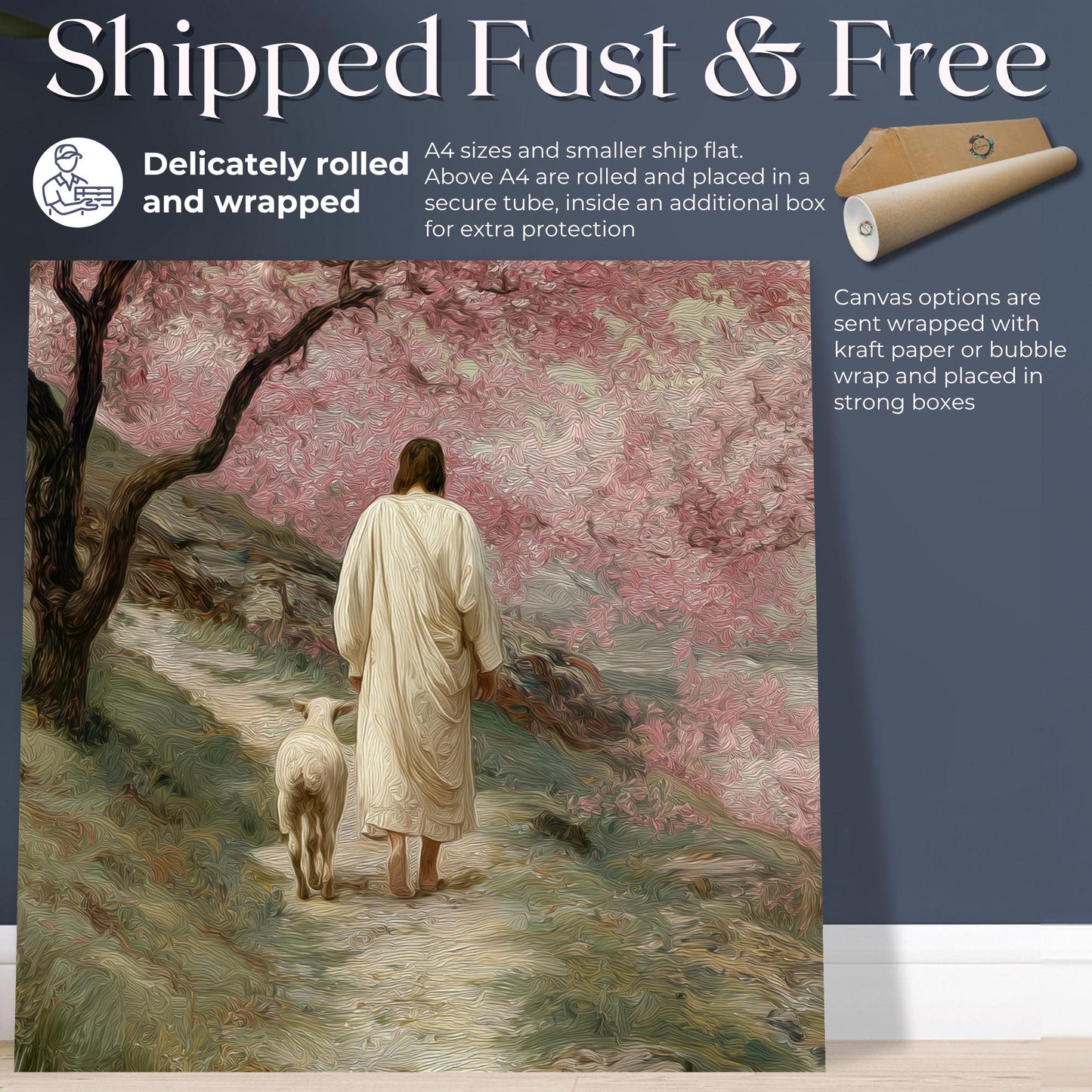 Artful Good Shepherd Canvas / Unframed. Jesus Leaving The 99 Print Cherry Blossom Path Christian Wall Art Lamb Painting Bible Verse Artwork - CanvasityCrafts - Free Shipping