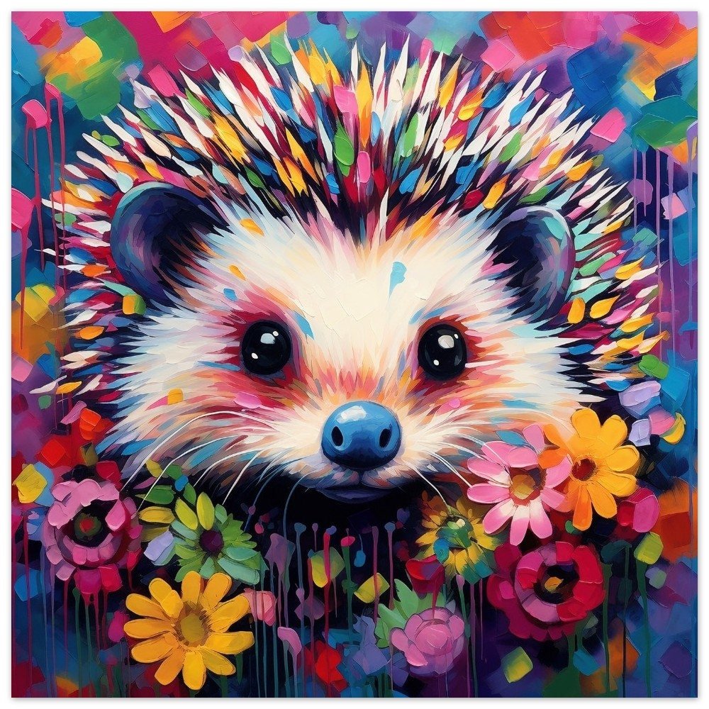 Abstract Colorful Hedgehog & Flowers Art Print, Watercolor Painting Poster, Multicolor Garden Creature Gift, Rainbow Animal Wall Art - Posters - Colourful wall art by Canvasity Crafts