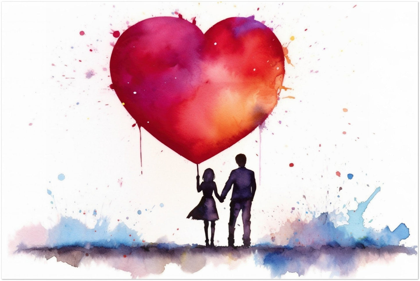 Abstract Watercolor Couple in Love with Heart Balloon - Unframed Silhouette Painting Valentine's Day Gift Anniversary Present - Posters - Colourful wall art by Canvasity Crafts
