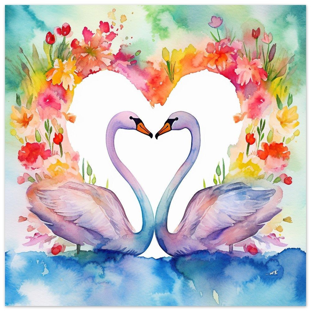 Colorful Swans in Love Poster Print - Abstract Heart Painting Gift for Valentine's Day swan picture, watercolor splatter paint art - Posters - Colourful wall art by Canvasity Crafts