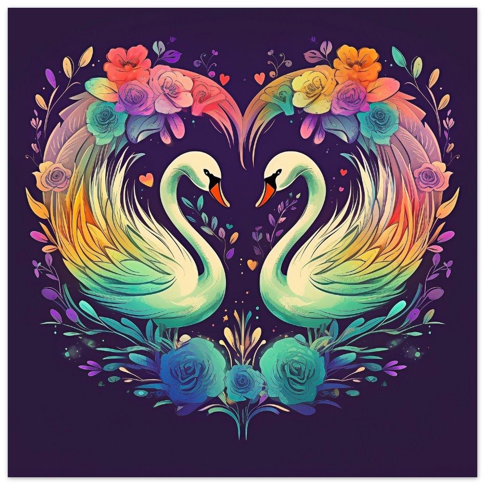 Colorful Swans in Love Poster Print - Abstract Love Heart Painting Gift for mom, dad. Colorful swan picture, watercolour splatter paint art - Posters - Colourful wall art by Canvasity Crafts