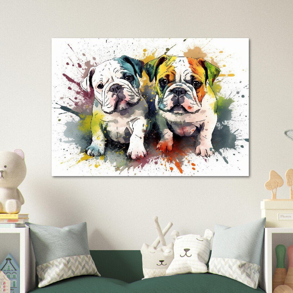 Cute Bulldog Puppies Watercolor Poster Print | Colorful Wall Art Gift for Dog Lovers, Bully Mom or Dad. Puppy love! - Posters - Colourful wall art by Canvasity Crafts