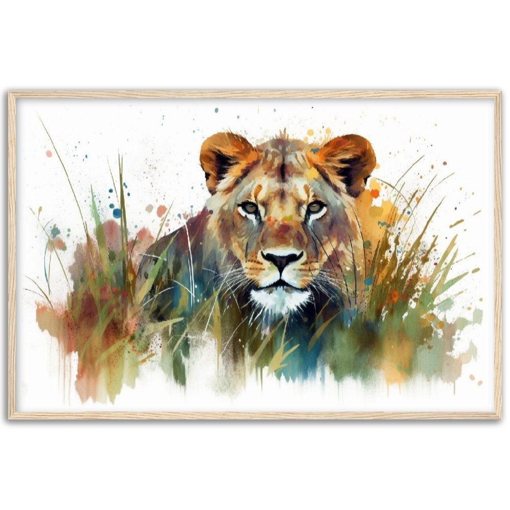 Exotic Lion Safari Wall Art | Watercolor Framed Poster | Wildlife Gift for Lion Lover - Framed Wall Art - Colourful wall art by Canvasity Crafts