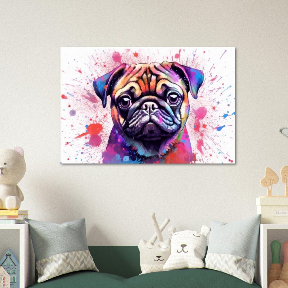 Pug Puppy Poster - Free Shipping! Colorful Watercolor Print, Animal Wall Art Gift for Dog Lovers, Pug Mom, Dad - Posters - Colourful wall art by Canvasity Crafts