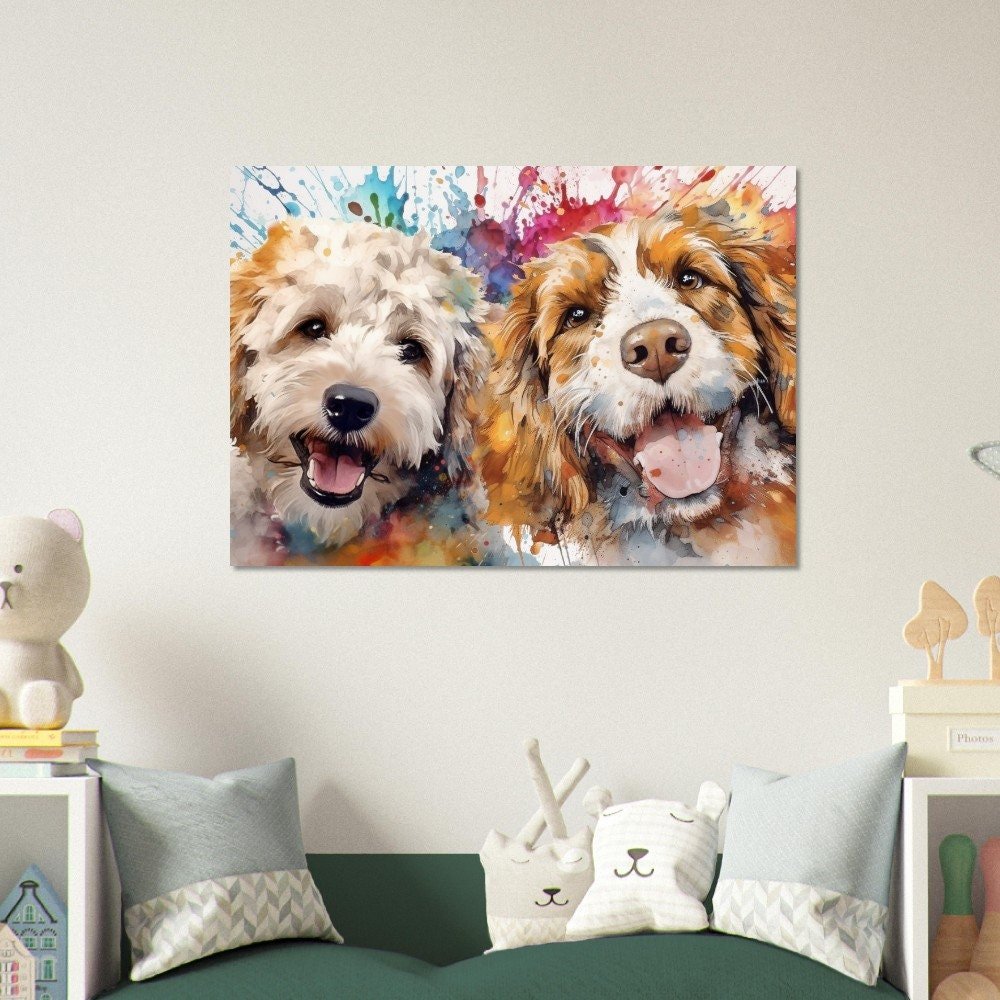 Two Happy Cockapoos! Watercolor Pop Art Poster Print, Colorful Wall Art Gift for Dog Lovers, Doodle Mom or Dad. Cream and Red Brown - Posters - Colourful wall art by Canvasity Crafts