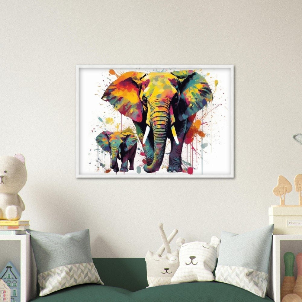 Watercolor Elephant Family Mom and Baby Framed Wall Art | Ready to Hang | Great Home Decor Gift, Nursery Wall Art, Family Prints - Framed Wall Art - Colourful wall art by Canvasity Crafts