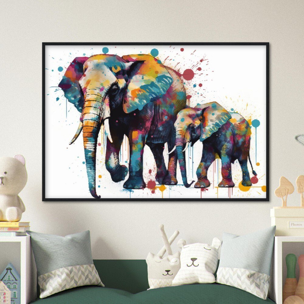 Watercolor Elephant Family Mom and Baby Framed Wall Art | Ready to Hang | Great Home Decor Gift, Nursery Wall Art, Family Prints - Framed Wall Art - Colourful wall art by Canvasity Crafts