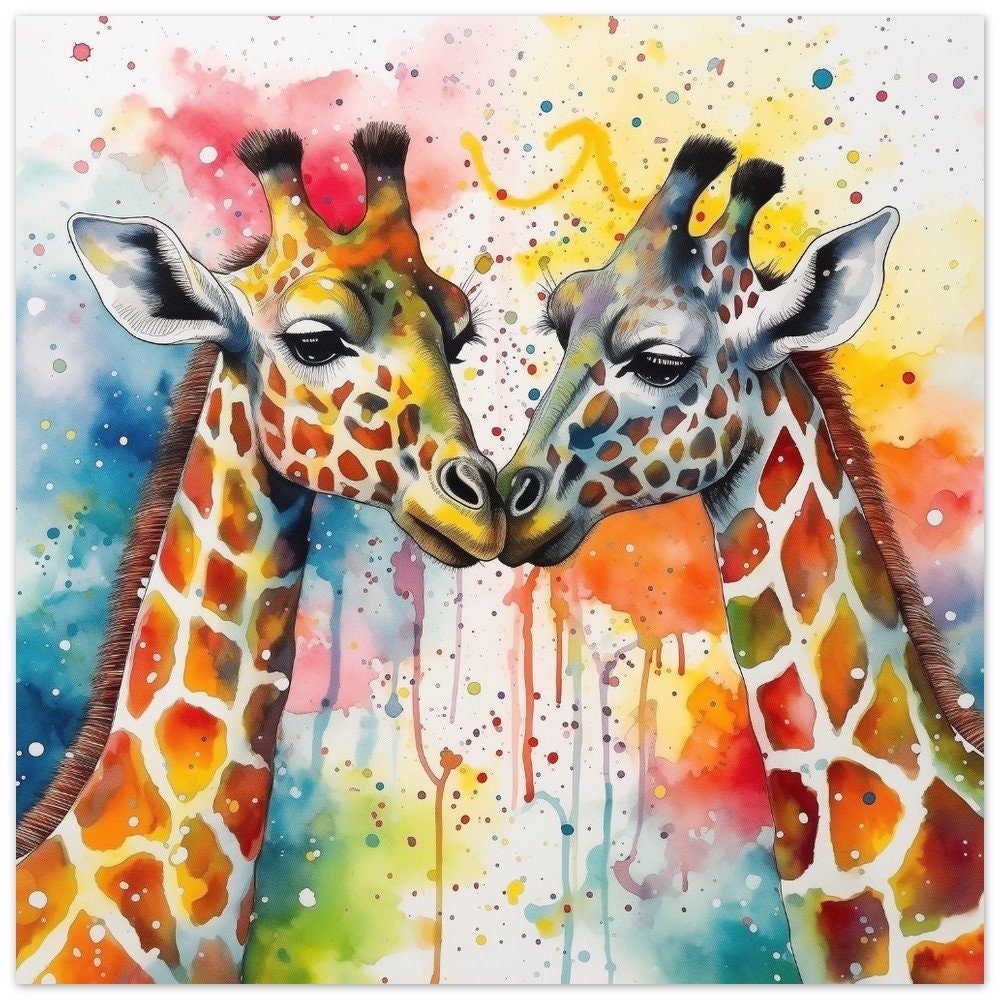 Watercolor Giraffe Couple Painting Print. Abstract Valentine's Day Gift, safari picture, colorful splatter paint wall art - Posters - Colourful wall art by Canvasity Crafts