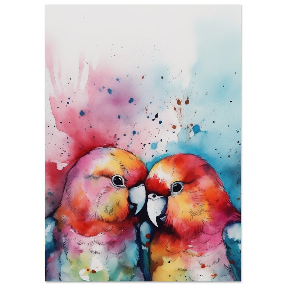 Watercolor Lovebirds Painting Print. Abstract Love Bird Gift, Valentine's Day, bird watcher picture, colorful splatter paint wall art - Posters - Colourful wall art by Canvasity Crafts