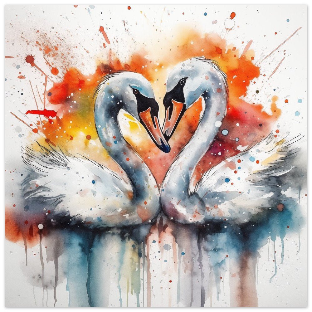 Watercolor Swans in Love Poster Print - Abstract Heart Painting Gift for Valentine's Day swan picture, colorful splatter paint art - Posters - Colourful wall art by Canvasity Crafts