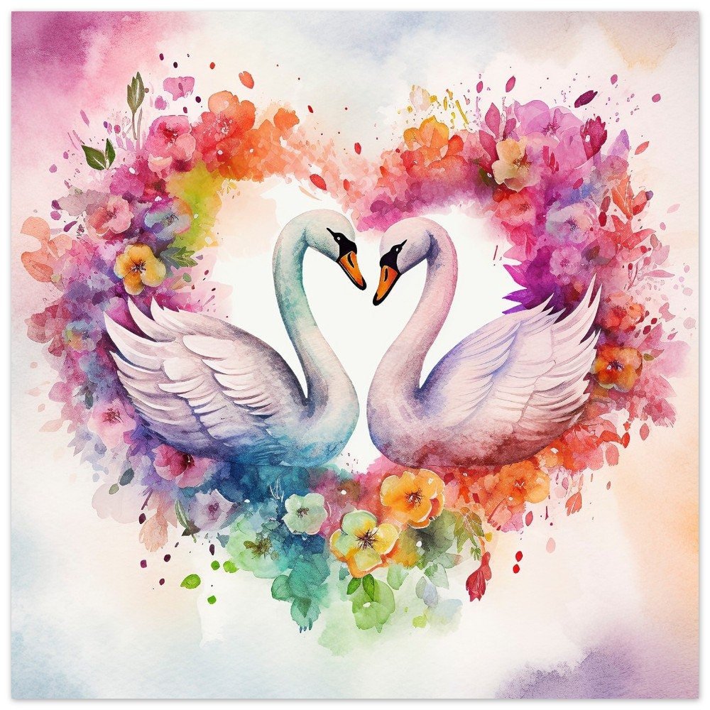 Watercolor Swans in Love Poster Print - Abstract Heart Painting Gift for Valentine's Day swan picture, colorful splatter paint art - Posters - Colourful wall art by Canvasity Crafts