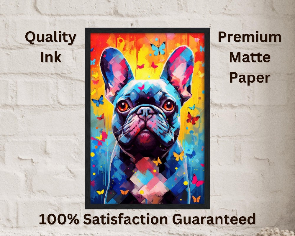 Impression de bouledogue français et de papillons - Cadeau d'art mural animal coloré pour les amoureux des chiens, maman Frenchie, papa Poster