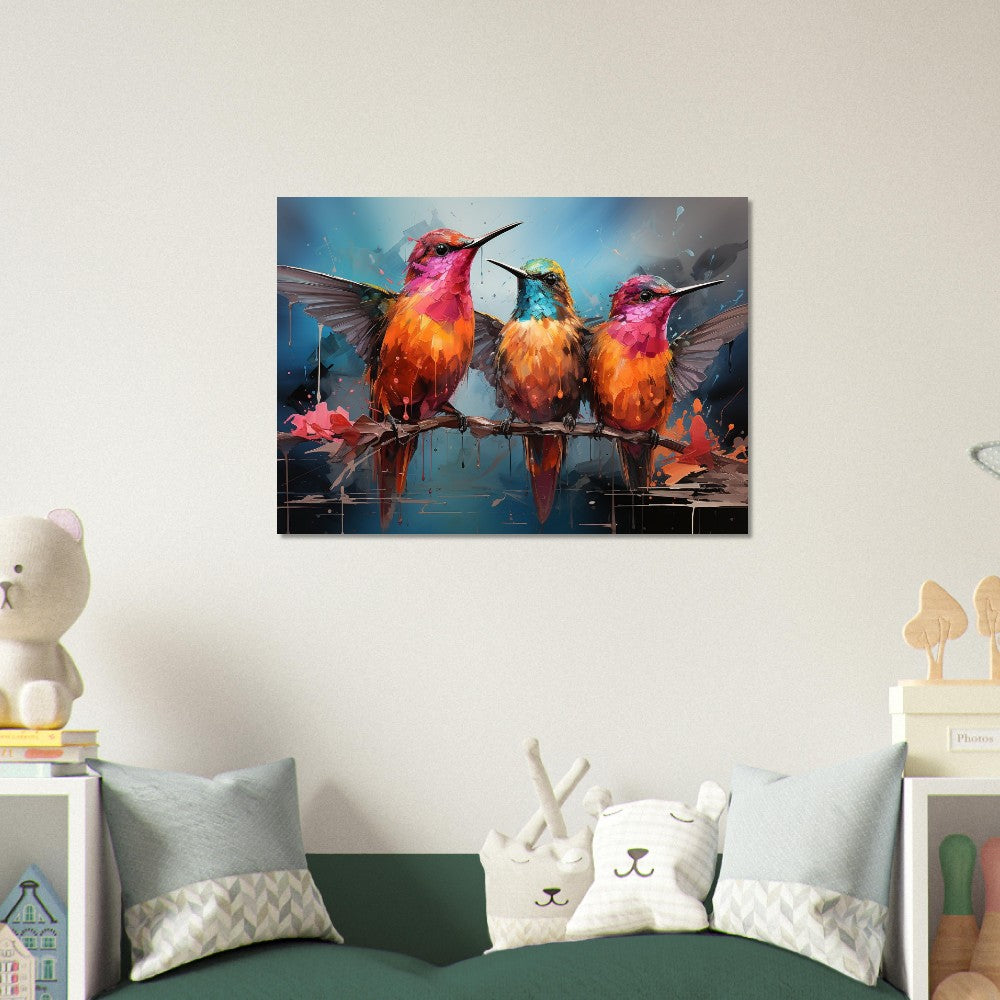 Colorful Hummingbird Poster Print. Three Watercolor Cute Birds Art Gift, Present for Mom, Dad. Rainbow Animal Wall Art