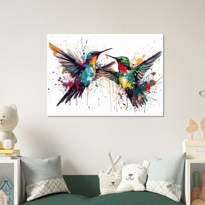 Impression d’affiche colorée de colibri. Cadeau d'art de deux oiseaux mignons à l'aquarelle, cadeau pour maman, papa. Art mural animal arc-en-ciel