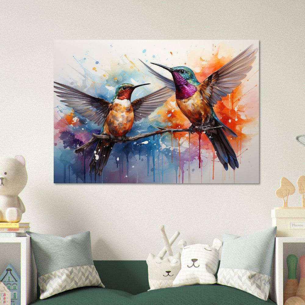 Colorful Hummingbird Poster Print. Two Watercolor Cute Birds Art Gift, Present for Mom, Dad. Rainbow Animal Wall Art