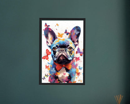 Impression de bouledogue français et de papillons - Cadeau d'art mural animal coloré pour les amoureux des chiens, maman Frenchie, papa Poster