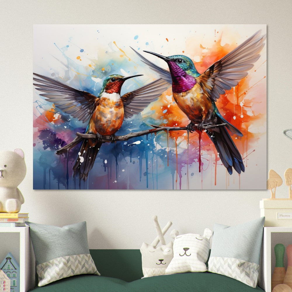 Colorful Hummingbird Poster Print. Two Watercolor Cute Birds Art Gift, Present for Mom, Dad. Rainbow Animal Wall Art