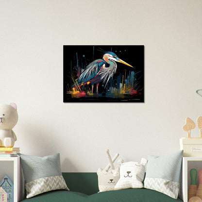 Impression d’affiche de héron coloré. Aquarelle Great Bird Art Gift, cadeau pour maman, papa. Art mural animal arc-en-ciel