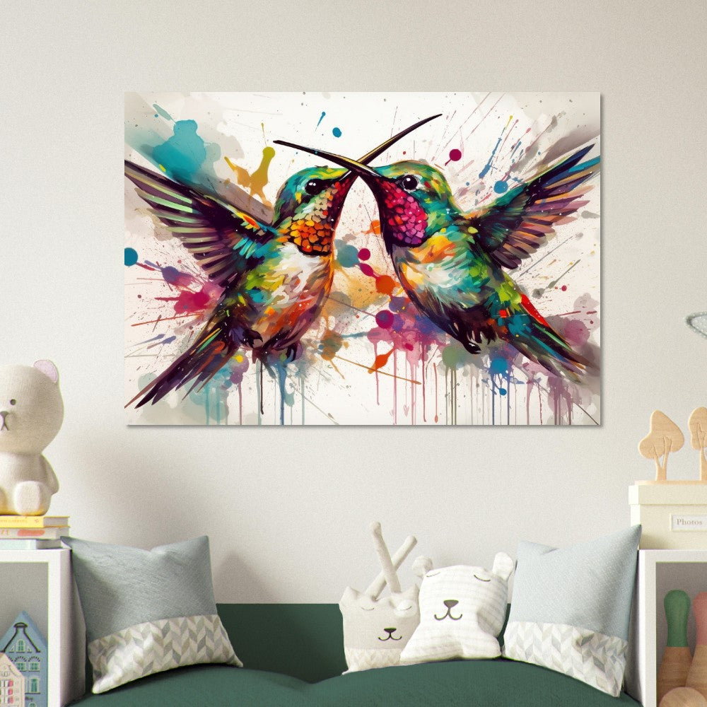 Colorful Courting Hummingbirds Poster Print. Watercolor Cute Bird Art Gift, Present for Mom, Dad. Rainbow Animal Wall Art