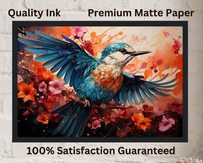 Impression d’affiche d’oiseau de martin-pêcheur. Cadeau d’art d’oiseau volant à l’aquarelle, cadeau pour maman, papa. Art mural animalier floral