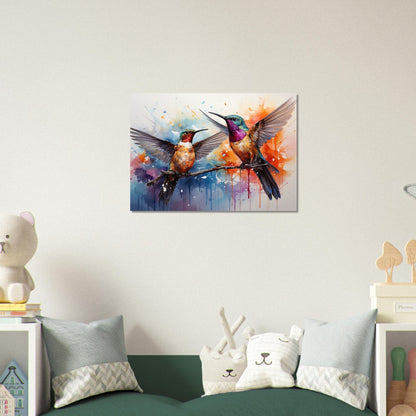 Colorful Hummingbird Poster Print. Two Watercolor Cute Birds Art Gift, Present for Mom, Dad. Rainbow Animal Wall Art