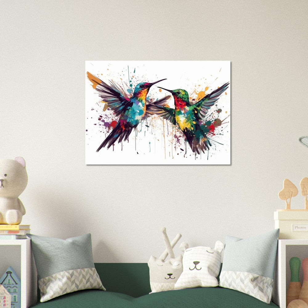 Impression d’affiche colorée de colibri. Cadeau d'art de deux oiseaux mignons à l'aquarelle, cadeau pour maman, papa. Art mural animal arc-en-ciel