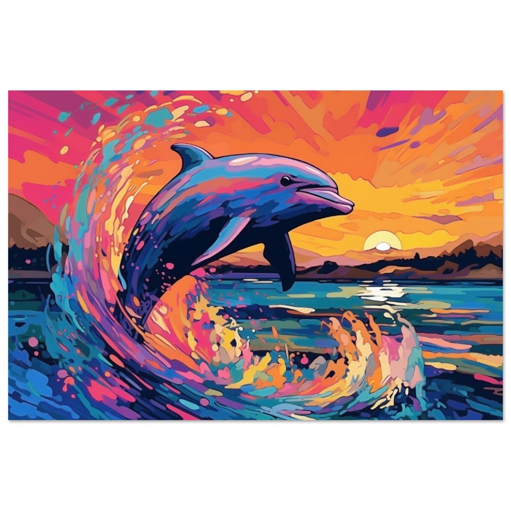 Leaping Dolphin Poster. Sunset Rainbow Animal Wall Art Print. Sunrise coastal colorful beach gift. Bedroom Bathroom Office Nursery