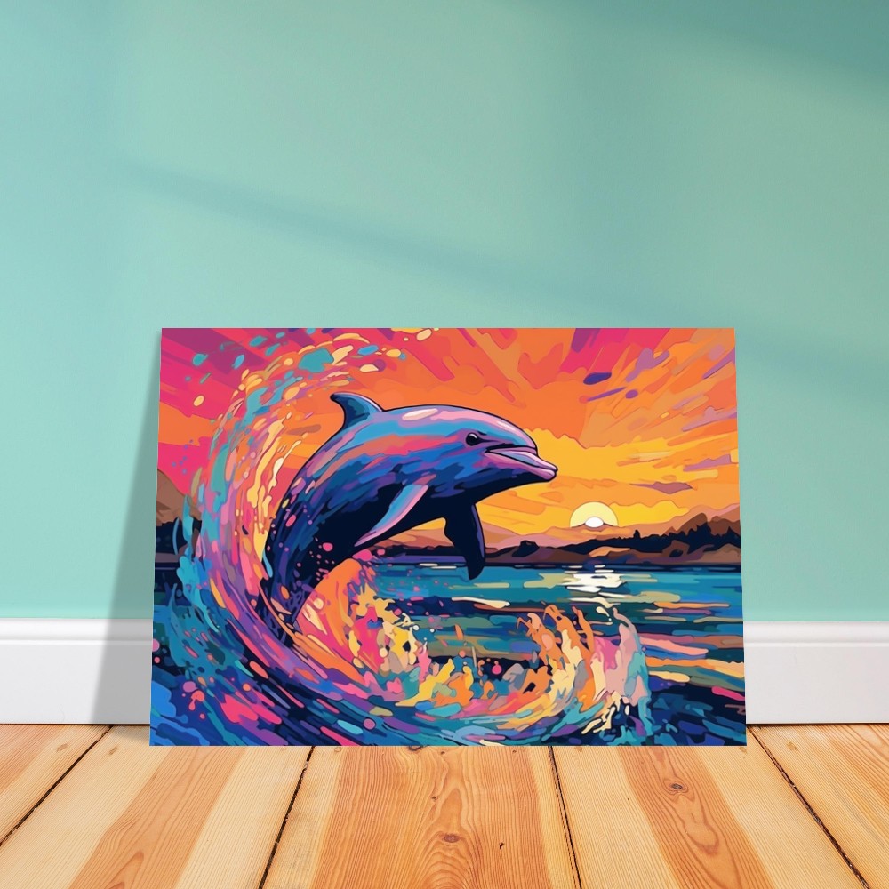 Leaping Dolphin Poster. Sunset Rainbow Animal Wall Art Print. Sunrise coastal colorful beach gift. Bedroom Bathroom Office Nursery