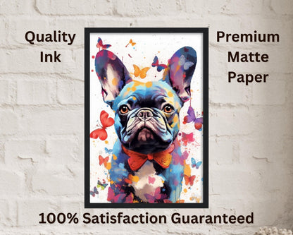 Impression de bouledogue français et de papillons - Cadeau d'art mural animal coloré pour les amoureux des chiens, maman Frenchie, papa Poster