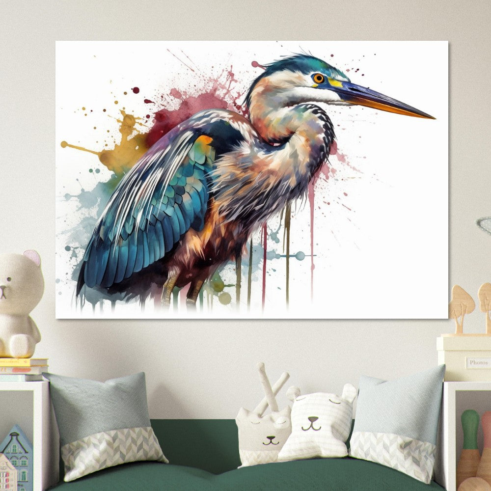 Colorful Heron Poster Print. Watercolor Great Bird Art Gift, Present for Mom, Dad. Rainbow Animal Wall Art