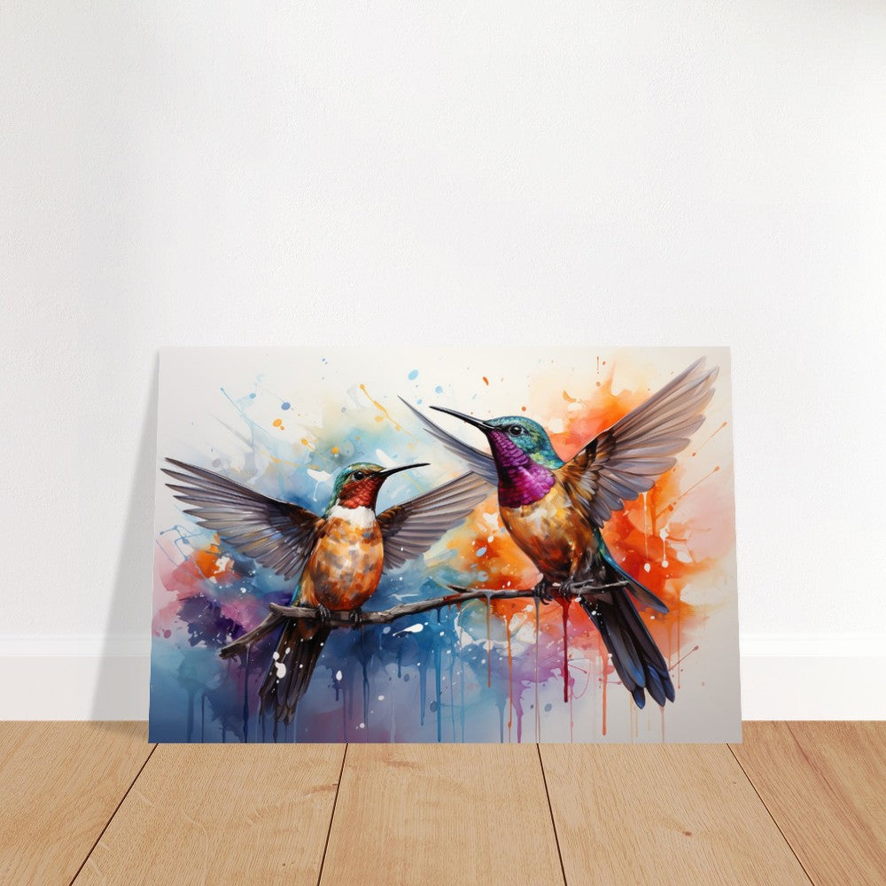 Colorful Hummingbird Poster Print. Two Watercolor Cute Birds Art Gift, Present for Mom, Dad. Rainbow Animal Wall Art