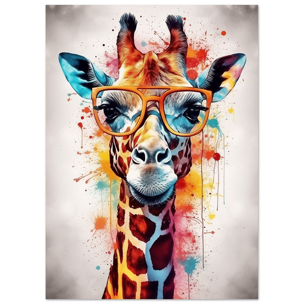 Watercolor Giraffe with Glasses Poster Print - Safari Decor, Colourful Animal Wall Art Painting Gift, Rainbow Watercolour Pop Art