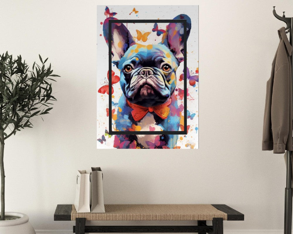 Impression de bouledogue français et de papillons - Cadeau d'art mural animal coloré pour les amoureux des chiens, maman Frenchie, papa Poster