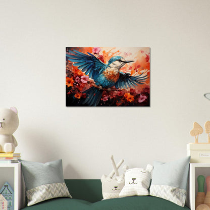 Impression d’affiche d’oiseau de martin-pêcheur. Cadeau d’art d’oiseau volant à l’aquarelle, cadeau pour maman, papa. Art mural animalier floral