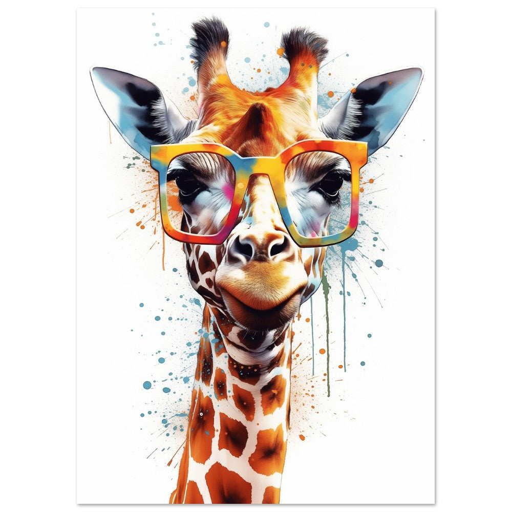 Watercolor Giraffe with Glasses Poster Print - Safari Decor, Colourful Animal Wall Art Painting Gift, Rainbow Watercolour Pop Art