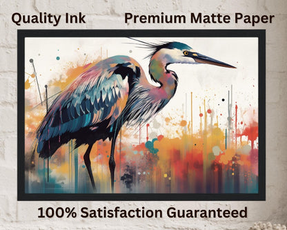 Colorful Heron Poster Print. Watercolor Great Bird Art Gift, Present for Mom, Dad. Rainbow Animal Wall Art