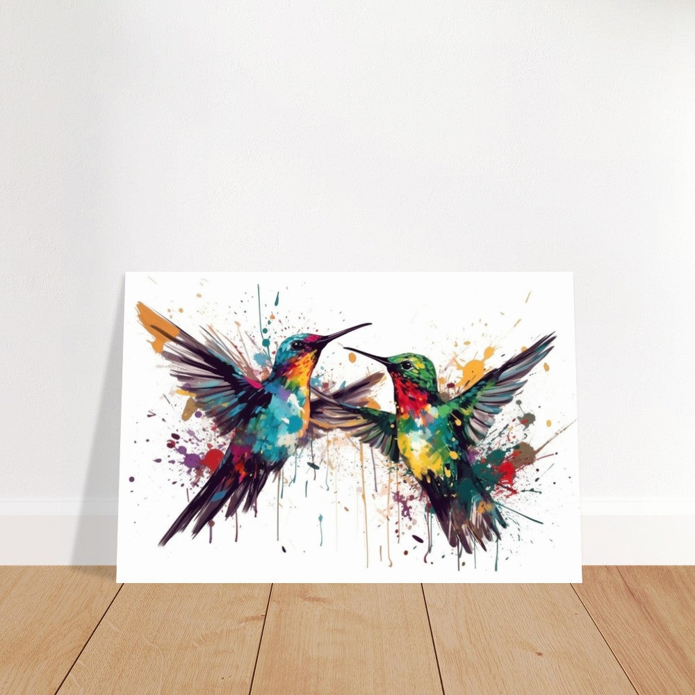 Impression d’affiche colorée de colibri. Cadeau d'art de deux oiseaux mignons à l'aquarelle, cadeau pour maman, papa. Art mural animal arc-en-ciel